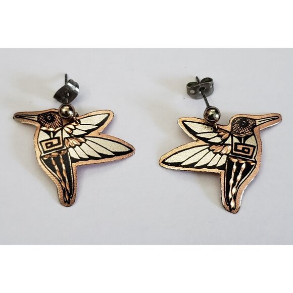 Pierced Earrings Hummingbird Copper Tone Dangle Vintage - Picture 1 of 3